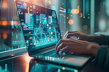 Businessman working with laptop and virtual screen of business graph, data science or big limbs marketing concept. 
