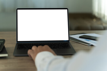 Poster - lose up of male hands and laptop with using blank screen office room and copy space close up mock up