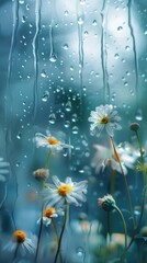 Wall Mural - Rain scene with daisys outdoors flower nature.