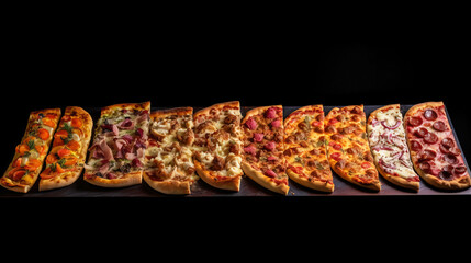 Wall Mural - Various pizzas in a row, on a black background. Traditional Italian cuisine. AI generated.