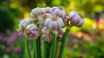 Poster - High Definition Stock Photo of Garlic Plant in a Garden