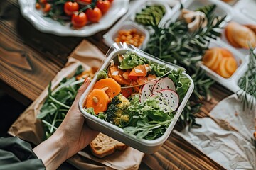 Wall Mural - A lady's hand holding a lunch box featuring nutritious food choices on the table