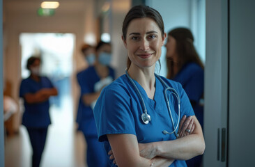 Poster - A nurse in blue scrubs stands with her arms crossed and smiles at the camera, standing amidst other staff members who look on warmly or are slightly blurred