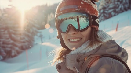 Wall Mural - Cheerful female snowboarder smiling on a sunny winter day while on the slope