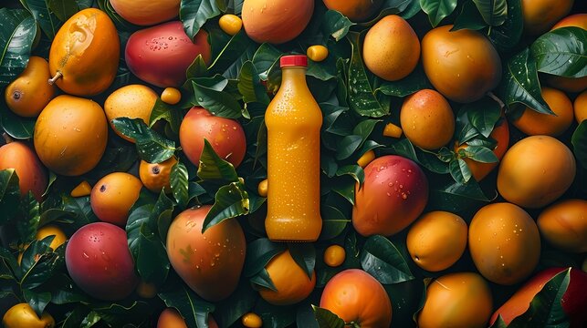 Mock up product presentation, professional juice drink commercial photography of bottle of juice drink with orange tangerine mango  garden  background  closed up shot  