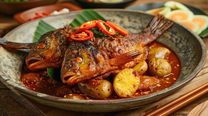 Wall Mural - Spicy Asam padeh tilapia fish and potatoes on a wooden table