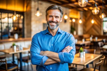 Wall Mural - A man in a blue shirt is posing for a picture in a restaurant