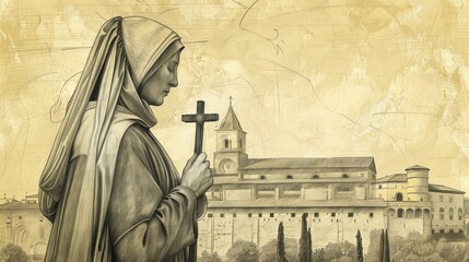 Wall Mural - Biblical Illustration of St. Clare of Montefalco in Prayer at 13th-Century Italian Convent, Beige Background, Copyspace