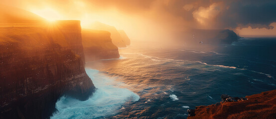 Wall Mural - panoramic view of the Faroe Islands, high cliffs overlooking the blue ocean, golden hour, beautiful