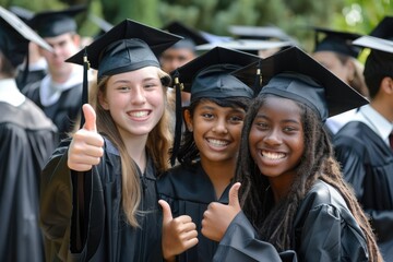 Happy multiethnic graduates in black caps and gowns, posing with diplomas and giving thumbs up on their graduation day, having fun