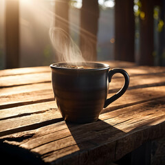 Wall Mural - A steaming cup of black coffee occupies the center of a rustic wooden table.