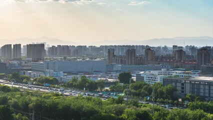 Wall Mural - Beijing city time-lapse willow catkins flying in the sky urban environment