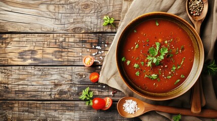 Wall Mural - Classic soup displayed on a wooden backdrop