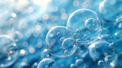 Close-up image of sparkling soap bubbles floating in blue water with bright, bokeh background lighting.