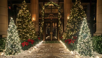 Wall Mural - Christmas decor featuring trees on both sides of the entrance