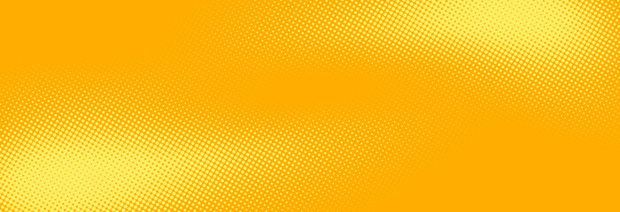 Poster - Yellow halftone pattern. Retro comic gradient background. Bright orange pixelated dotted texture overlay. Cartoon pop art faded gradient pattern. Vector backdrop for poster, banner, advertisement