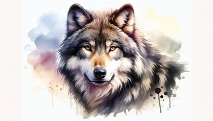  Watercolor painting of a wolf with detailed fur and colorful splattered background