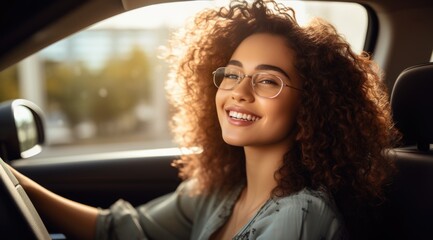 Wall Mural - Driving elegance: handsome woman behind the wheel of car - embodying grace and confidence as a stylish woman navigates the road, merging sophistication with automotive prowess.
