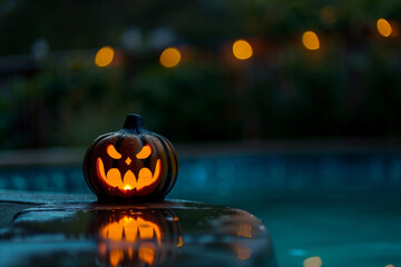 scary evil jack-o-lantern glowing lit pumpkin face water reflection pool edge outdoor bokeh orange f