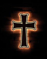 Wall Mural - Neon shine christian cross on brick wall. Religion concept illustration. 3D render