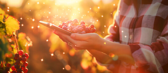 Wall Mural - young women use tablet with virtual hologhrapic in the red vineyard. farm with technology concept background.