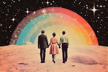 Sticker - Collage Retro dreamy of boy and girl holding hand astronomy galaxy night.