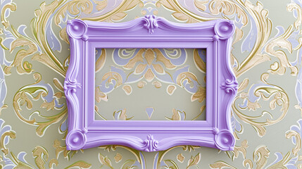 Colorful and muted display with a medium-sized bright violet blank frame against baroque wallpaper.