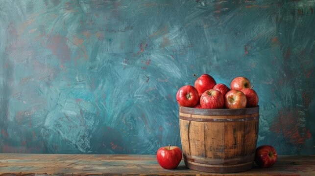 Red barrel containing apples on table against blue background