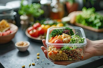 Wall Mural - Female hand displaying a lunch box containing a variety of healthy foods on the table