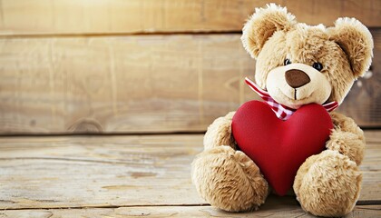 Wall Mural - A teddy bear holding a red heart on a wooden surface
