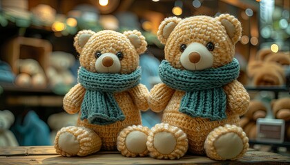 Wall Mural - Two teddy bears are sitting next to each other, one wearing a blue scarf