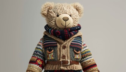Wall Mural - A teddy bear wearing a sweater and a scarf