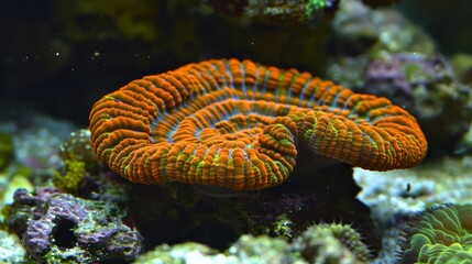 Wall Mural -  A tight shot of an orange-white sea anemone on a coral, surrounded by other corals in the background, within a coral reef area