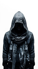 A hooded figure standing in the dark, evoking a sense of mystery and danger