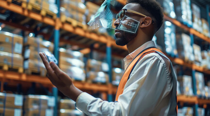 Aufkleber - A warehouse manager using a virtual digital management system through augmented reality technology in modern warehouse. Generative AI.