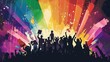 © Kava - Celebration for Pride Month 2024: Empowering and united LGBTQ+ activists stand strong on stage with fists raised in solidarity. Vibrant rainbow flag backdrop and cheering crowd.