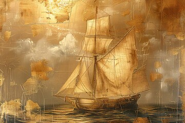 Wall Mural - Landscape oil painting features battleship sail boat in the sea ocean, moody vintage classic wall art, background, wallpaper 
