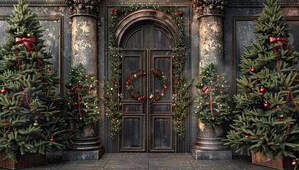 Wall Mural - Festive doorway backdrop with Christmas trees on each side