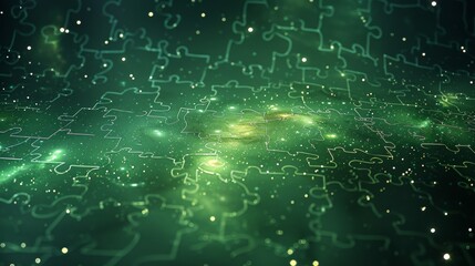 Fototapete - A vast cosmic background, green data lines intersect, abstract process of data merging, forming interconnected puzzle pieces that symbolize the unification of diverse data. Generative AI.