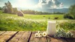 © kardaska - A serene rural scene with a cow next to a fresh glass of milk on a wooden table overlooking a landscape