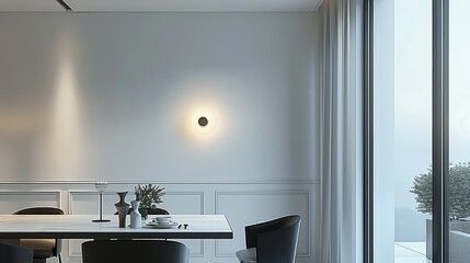 Poster - Modern house dining room with wall light on white wall close up. Generative AI.