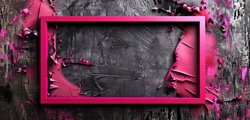 Panoramic layout of a magenta frame against grimy soot-covered wallpaper.