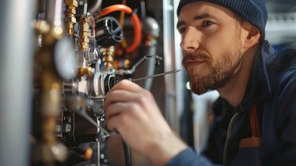 Poster - Closeup of a man using a screwdriver to repair a gas boiler indoors. Generative AI.