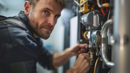 Poster - Closeup of a man using a screwdriver to repair a gas boiler indoors. Generative AI.