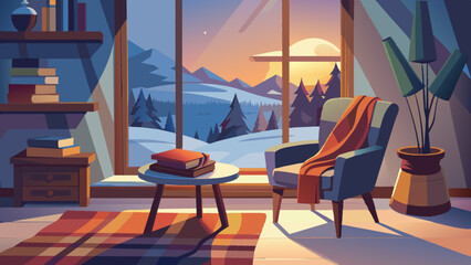 Wall Mural - Cozy Winter Interior with Scenic Mountain View at Sunset