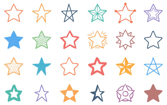 Set of 24 hand drawn colored stars, cut out