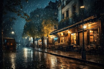 A rain storm night illuminated outdoors street.