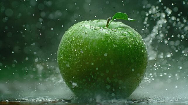   A close-up of a green apple with water droplets splashing from it and a leaf resting atop it