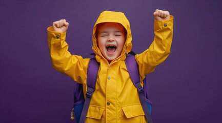 Sticker - A photo of the boy with a yellow jacket and purple backpack cheering on a violet background, high resolution, studio lighting, 