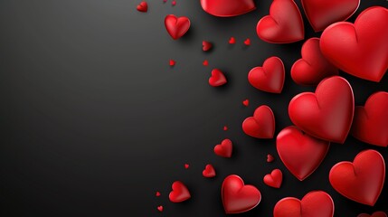Wall Mural -   Red hearts float in a black space on a black background with room for text or images